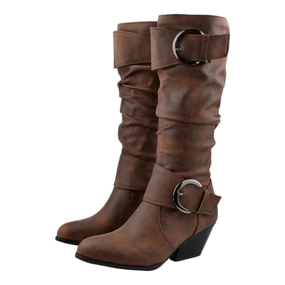 Slouchy Mid Calf Boots for Women Retro Leather Stacked Heel Buckle Straps Pull on Dressy Fall Winter Boots Riding Booties
