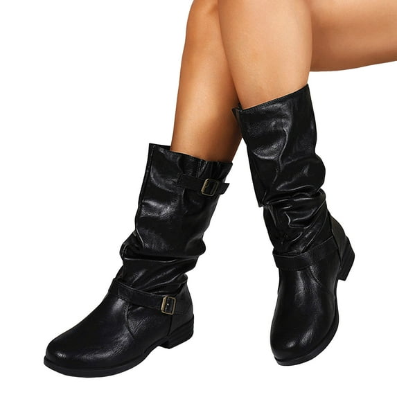 Slouchy Mid Calf Boots for Women Vintage Leather Wide Calf Round Toe Casual Low Heel Pull on Riding Booties