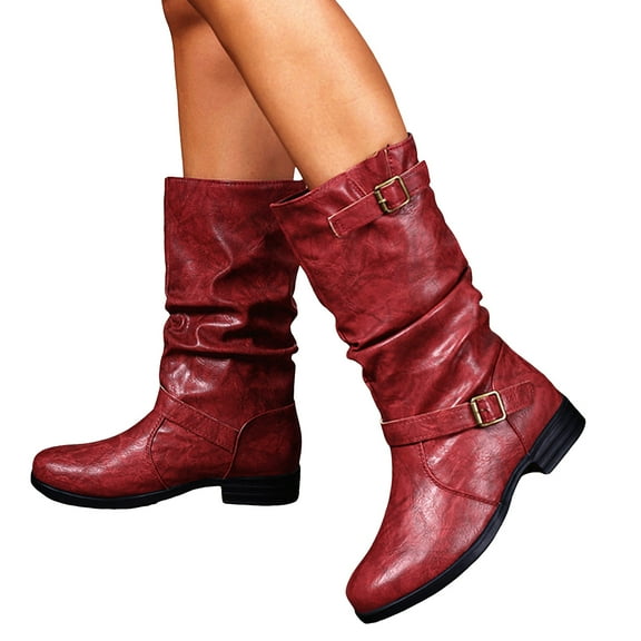 Slouchy Mid Calf Boots for Women Vintage Leather Wide Calf Round Toe Casual Low Heel Pull on Riding Booties