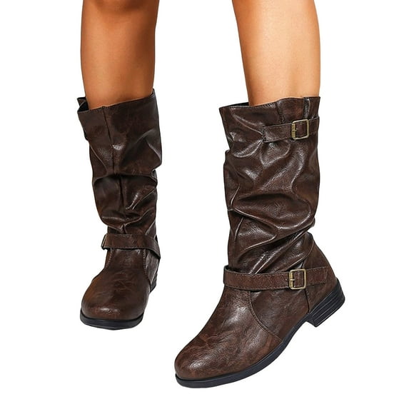 Slouchy Mid Calf Boots for Women Vintage Leather Wide Calf Round Toe Casual Low Heel Pull on Riding Booties