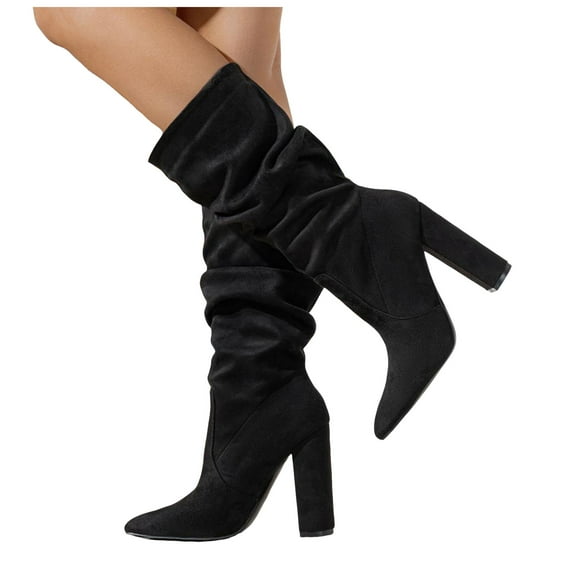 Slouchy Mid Calf Dress Boots for Women Trendy Suede Casual Pointed Toe Chunky High Heel Winter Fall Short Booties