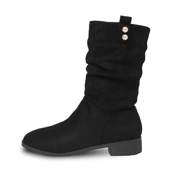 Slouchy Mid Calf Flat Boots for Women Pull On Round Toe Side Zip Fall and Winter Fashion Comfortable Boots,Color:Black,Size:8.5