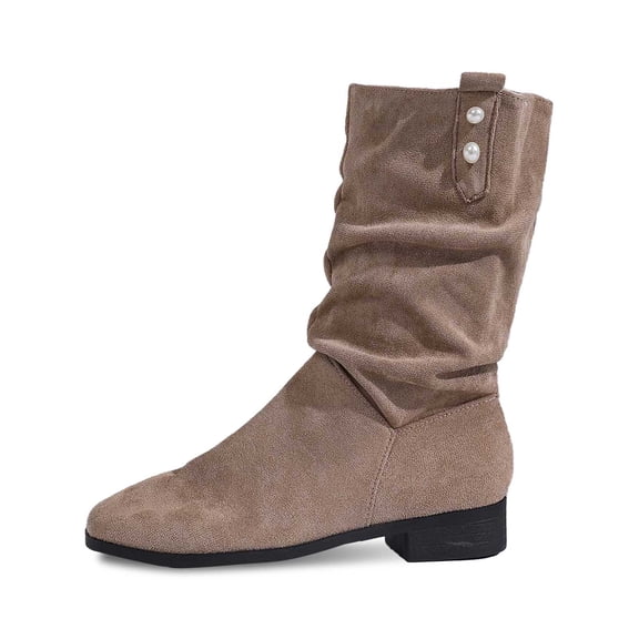 Slouchy Mid Calf Flat Boots for Women Pull On Round Toe Side Zip Fall and Winter Fashion Comfortable Boots,Color:Khaki,Size:8.5
