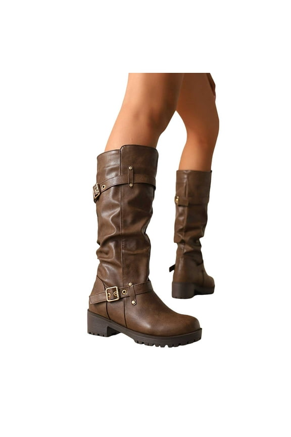 Slouchy Mid Calf Motorcyle Riding Boots For Women Slouch Leather Buckles Platform Chunky Tall Boots Brown