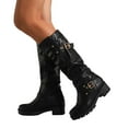 thumbnail image 1 of Slouchy Mid Calf Motorcyle Riding Boots For Women Slouch Leather Buckles Platform Chunky Tall Boots, 1 of 6