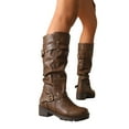 thumbnail image 1 of Slouchy Mid Calf Motorcyle Riding Boots For Women Slouch Leather Buckles Platform Chunky Tall Boots, 1 of 6