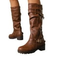 thumbnail image 1 of Slouchy Mid Calf Motorcyle Riding Boots For Women Slouch Leather Buckles Platform Chunky Tall Boots, 1 of 7