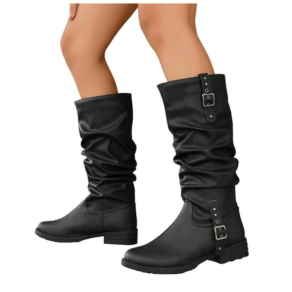 Slouchy Mid Calf Riding Boots for Women Casual Leather Buckle Pointed Toe Winter Fall Dress Knee High Boots
