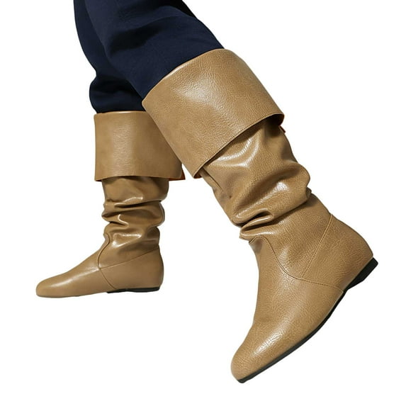 Slouchy Mid Calf Work Boots for Women Vintage Casual Leather No Heel Knee High Riding Boots Winter Fall Shoes