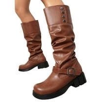 Slouchy Motorcycle Riding Combat Boots for Women Studded Leather Buckle Square Toe Knee High Cowboy Tall Boots