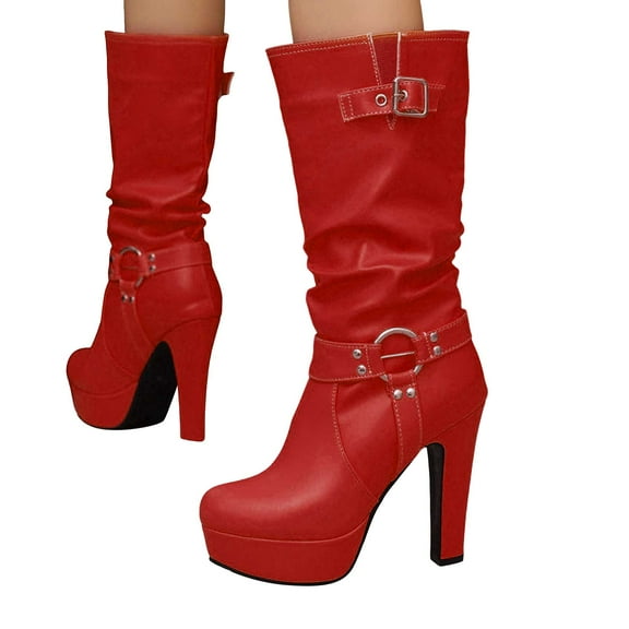 Slouchy Platform Boots for Women Extra Wide Calf Leather High Heels Dress Boots Fashion Casual Leather Buckles Pull on Winter Fall Tall Boots Red