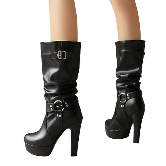 Slouchy Platform Boots for Women Extra Wide Calf Leather High Heels Dress Boots Fashion Casual Leather Buckles Pull on Winter Fall Tall Boots