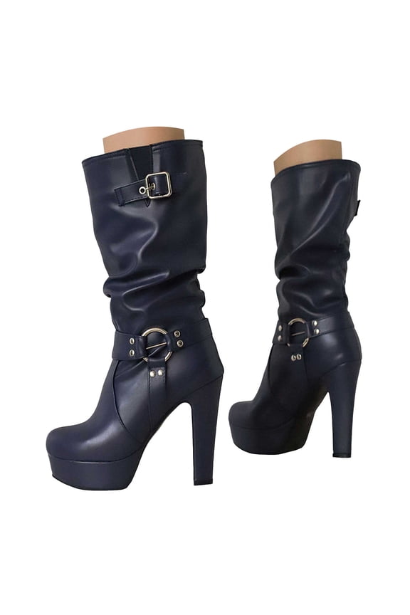 Slouchy Platform Boots for Women Extra Wide Calf Leather High Heels Dress Boots Fashion Casual Leather Buckles Pull on Winter Fall Tall Boots
