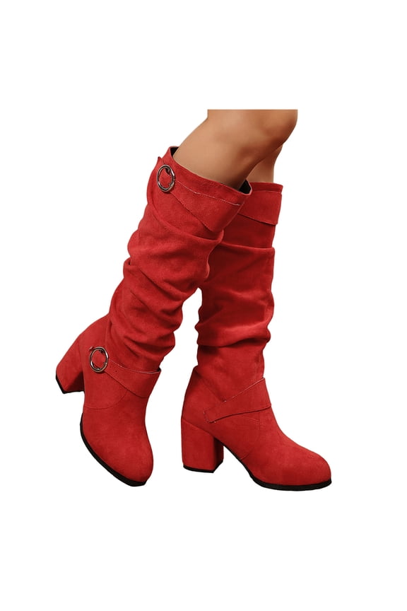 Slouchy Red Knee High Boots for Women Chunky High Heel Suede Fall Booties Casual Wide Calf Riding Boots