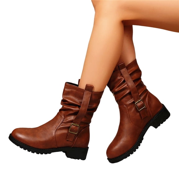 Slouchy Riding Boots for Women Lug Sole Chunky Low Heel Fashion Buckle Strap Slip on Round Toe Casual Ankle Booties Brick Red 5.5