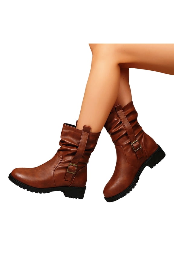 Slouchy Riding Boots for Women Lug Sole Chunky Low Heel Fashion Buckle Strap Slip on Round Toe Casual Ankle Booties Brick Red 7