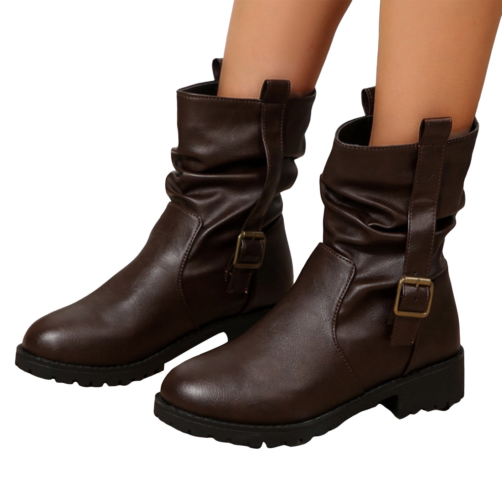 Slouch Riding Boots Slouchy Riding Boots for Women Lug Sole Chunky Low Heel Fashion Buckle ...