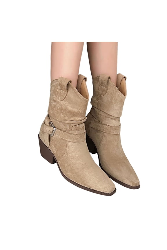 Slouchy Riding Boots for Women Suede Split Toe Trendy Strappy Chunky Heel Pull on Short Winter Booties Casual Western Mid Calf Boots