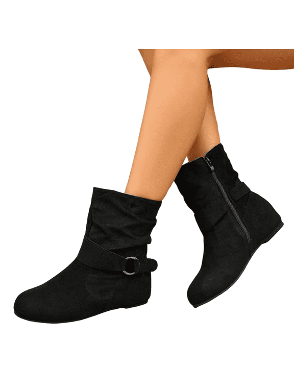 Slouchy Ruched Suede Ankle Boots Daily Office Commuting, Low Wedge Side Ring Booties Autumn Casual Strolling, Comfortable Holiday Travel Footwear Weekend Travel Trip Wear, Black 7