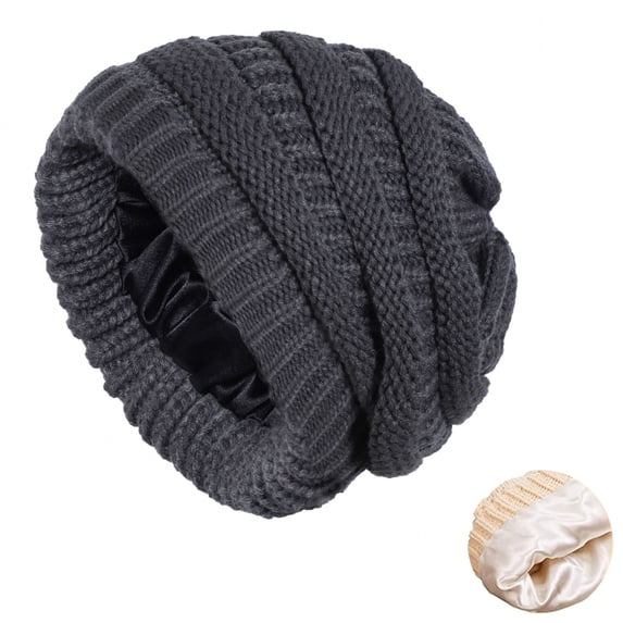 Slouchy Satin Lined Beanie for Women, Cozy Cable Knit Winter Hat, Ultra Soft Lightweight Slouchy Hat for Autumn, Winter, and Daily Casual Wear Dark Gray