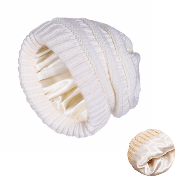 Slouchy Satin Lined Beanie for Women, Cozy Cable Knit Winter Hat, Ultra Soft Lightweight Slouchy Hat for Autumn, Winter, and Daily Casual Wear White