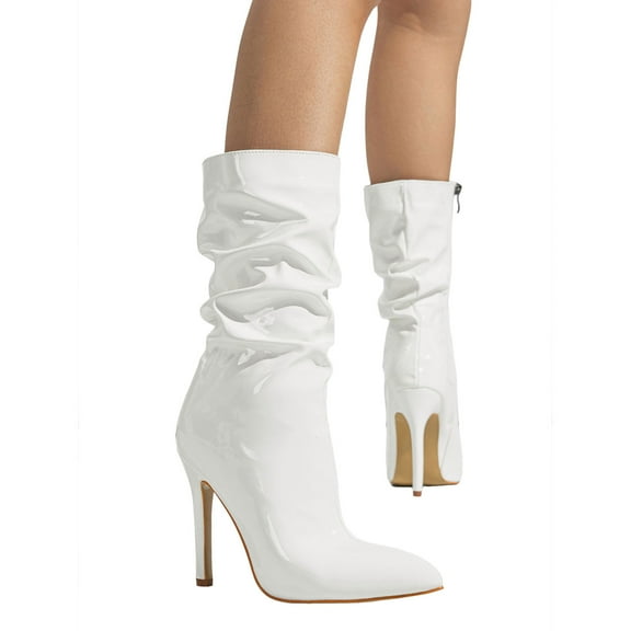 Slouchy Stiletto High Heels Mid Calf Dress Boots for Women Fashion Sexy Leather Pointed Toe Pumps Short Booties