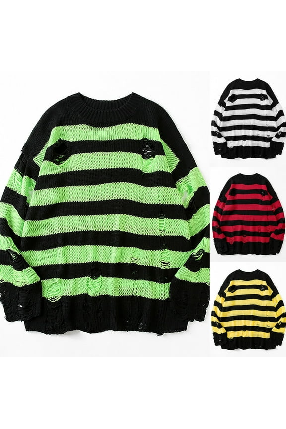 Slouchy Striped Sweaters for Women Oversized Ripped Shirts Long Sleeve Crewneck Pullover Knitted Fall Top