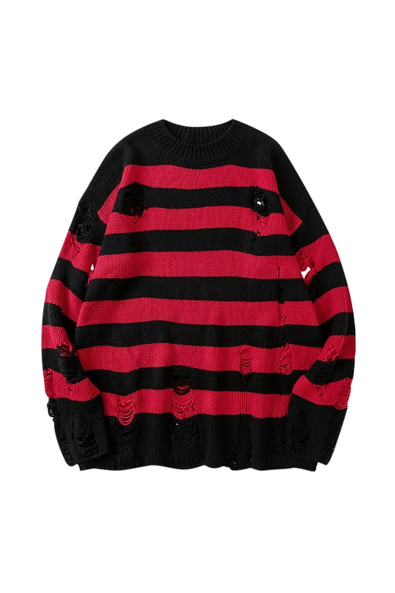 Slouchy Striped Sweaters for Women Oversized Ripped Shirts Long Sleeve Crewneck Pullover Knitted Fall Top