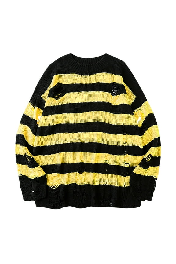 Slouchy Striped Sweaters for Women Oversized Ripped Shirts Long Sleeve Crewneck Pullover Knitted Fall Top