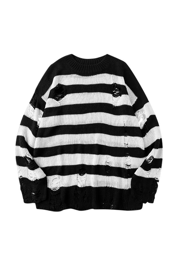 Slouchy Striped Sweaters for Women Oversized Ripped Shirts Long Sleeve Crewneck Pullover Knitted Fall Top