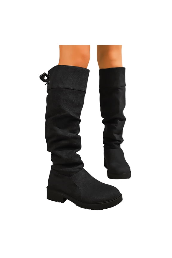 Slouchy Suede Knee High Boots for Women Chunky Low Heel Wide Calf Riding Booties Round Toe Mid Calf Dress Boots Black Size 8.5