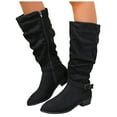 thumbnail image 1 of Slouchy Suede Knee High Dress Boots for Women Fashion Casual Buckle Low Heel Wide Calf Knee Length Tall Boots Black Size 6.5, 1 of 7