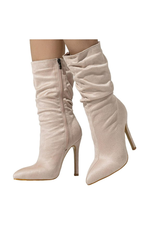 Slouchy Suede Mid Calf Boots for Women Sexy Pointed Toe Stiletto Heels Casual Dressy Booties