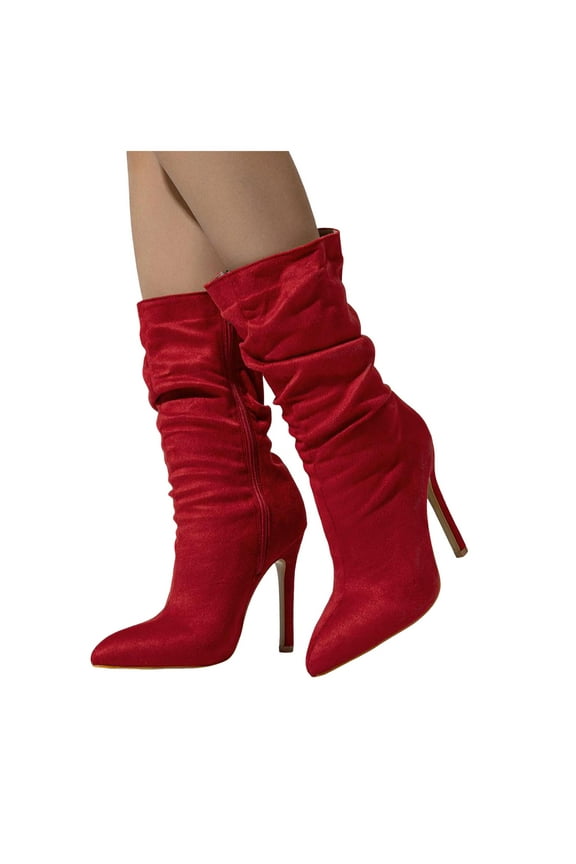 Slouchy Suede Mid Calf Boots for Women Sexy Pointed Toe Stiletto Heels Casual Dressy Booties