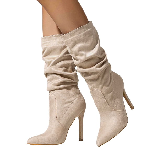Slouchy Suede Mid Calf Boots for Women Sexy Pointed Toe Stiletto Heels Casual Dressy Booties