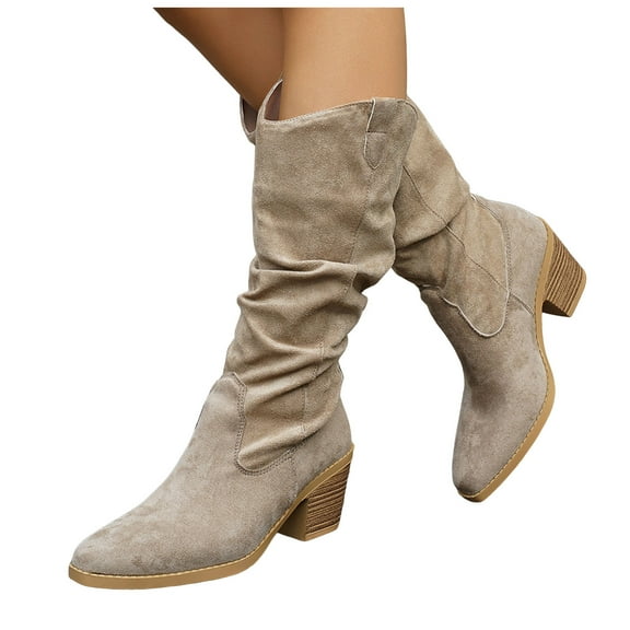 Slouchy Suede Mid Calf Cowboy Boots for Women Pull on Stacked Heel Pointed Toe Wide Calf Winter Long Booties