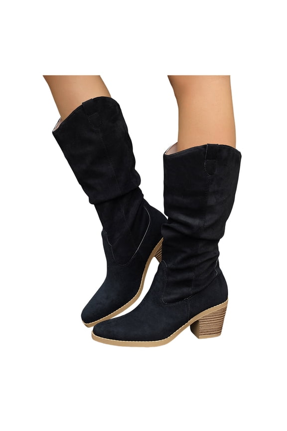 Slouchy Suede Mid Calf Cowboy Boots for Women Pull on Stacked Heel Pointed Toe Wide Calf Winter Long Booties