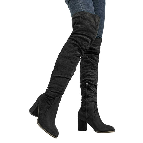 Slouchy Thigh High Boots for Women Fashion Suede Pointed Toe Chunky Heel Side Zipper over the Knee Dress Boots