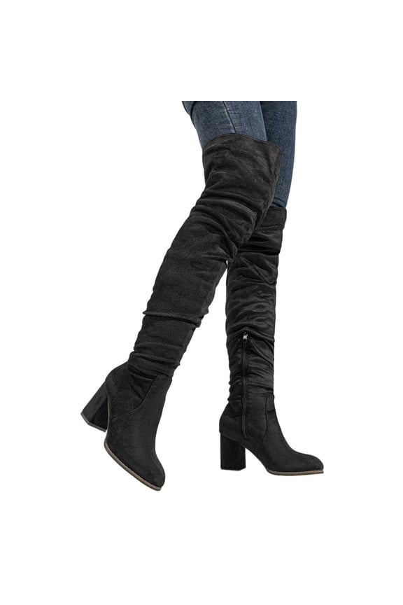 Slouchy Thigh High Boots for Women Fashion Suede Pointed Toe Chunky Heel Side Zipper over the Knee Dress Boots