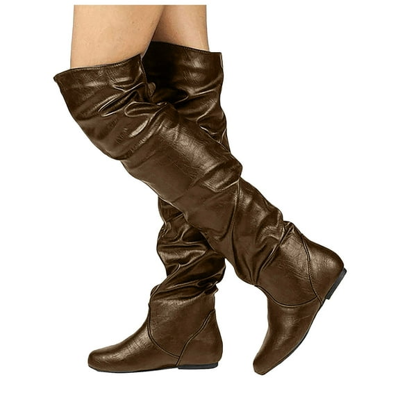 Slouchy Thigh High Boots for Women Hidden Wedge Soft Leather Pull on Over the Knee Winter Tall Boots