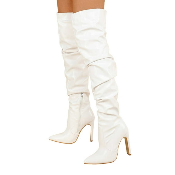 Slouchy Thigh High Boots for Women Sexy Leather Pointed Toe Pumps Heels Over The Knee Tall Boots with Zipper