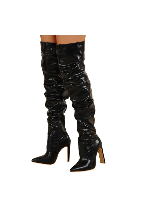 Slouchy Thigh High Boots for Women Sexy Leather Pointed Toe Pumps Heels Over The Knee Tall Boots with Zipper