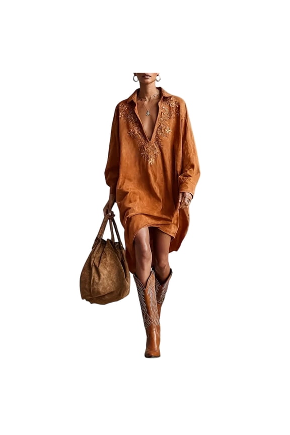 Slouchy V Neck Dress, Soft Faux Suede Fabric for Comfort, Minimalist Dress for Home Office, Lounging, and Simple Errands. Saffron S