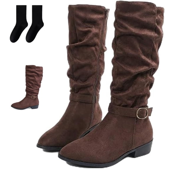 Slouchy Wedge Suede Boots Fold Over Knee High Pull On High Heels, Women's High Shaft Tall Boots Side Zipper Pointed Toe Over The Knee Boots with Chunky Block Heel