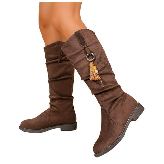 Slouchy Western Mid Calf Boots for Women Round Toe Suede Pull on Long Booties Fashion Cowgirl Boots