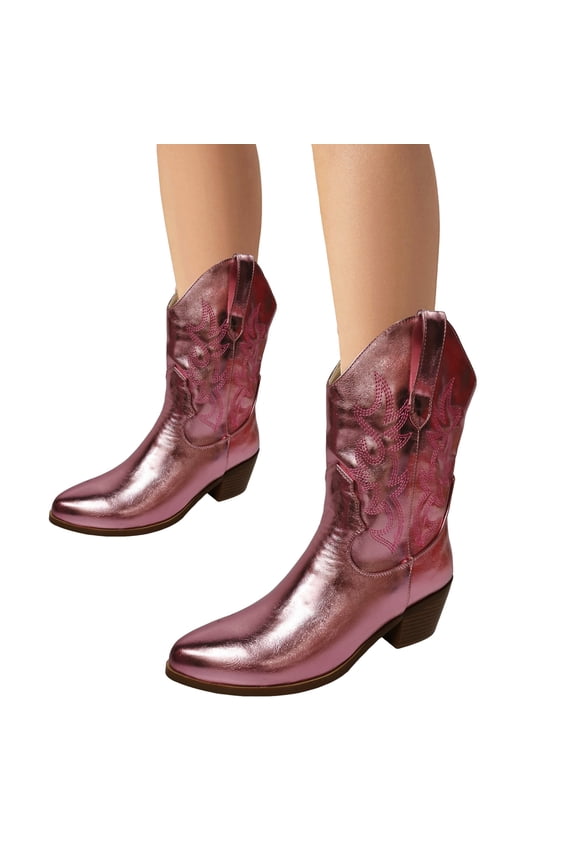 Slouchy Wide Calf Cowboy Boots for Women with Fleece lined Winter Fashion Metallic Leather Suede Pointed Toe Chunky Heels Slip on Western Cowgirl Boots