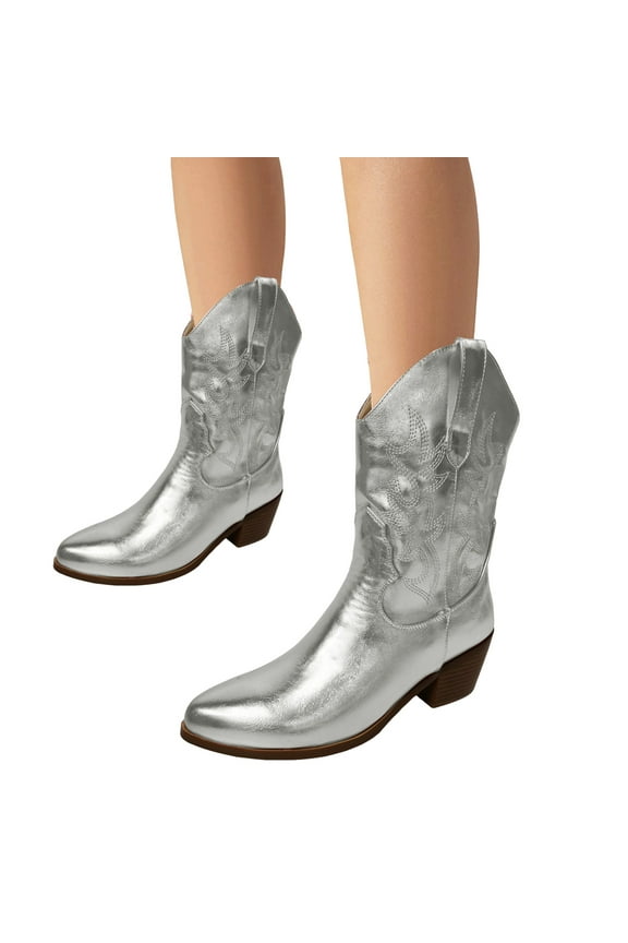 Slouchy Wide Calf Cowboy Boots for Women with Fleece lined Winter Fashion Metallic Leather Suede Pointed Toe Chunky Heels Slip on Western Cowgirl Boots