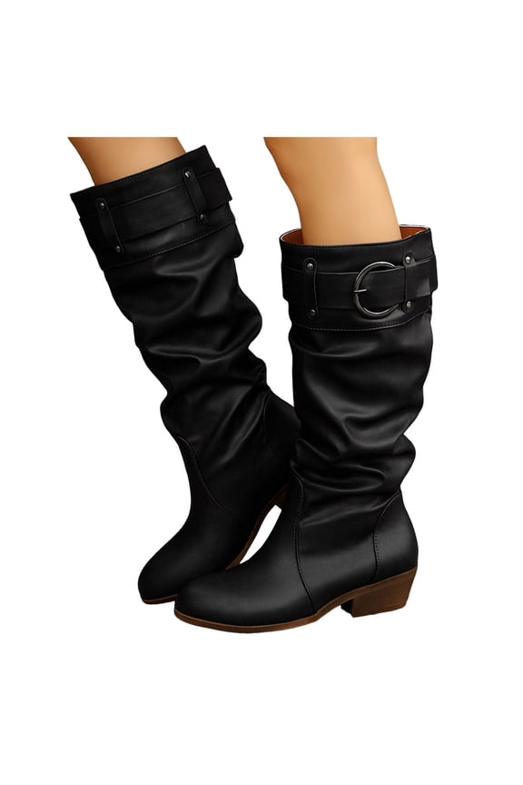 Slouchy Wide Mid Calf Boots for Women 2025 Fashion Buckle Leather Low Heel Winter Fall Pull on Tall Dress Boots Black Size 9.5