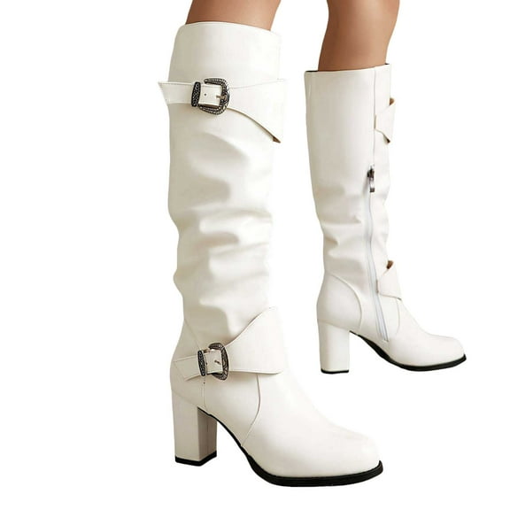 Slouchy Wide Mid Calf Boots for Women 2025 Winter Fall Leather Buckle Slouch Block Heeled Knee High Tall Boots