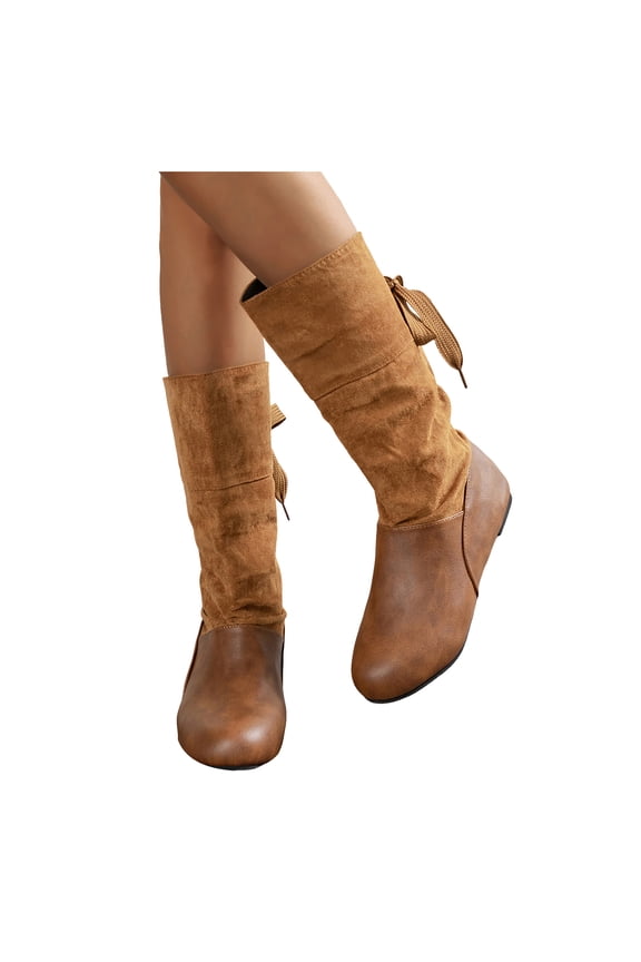 Slouchy Wide Mid Calf Boots for Women Bride Wedding Leather Suede Fashion Bow Lace up No Heel Tall Boots